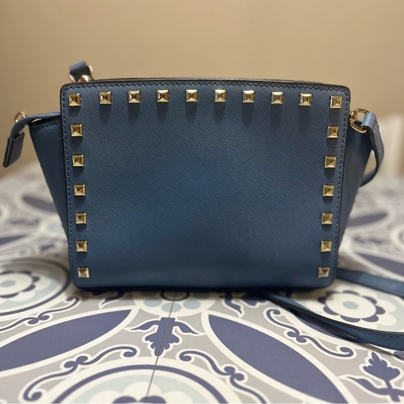 Michael Kors Blue and Gold Crossbody Bag with Studded Details, Saffiano Leather - Picture 16 of 16